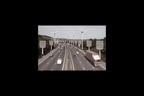 Artificial trees and wind turbines along motorway